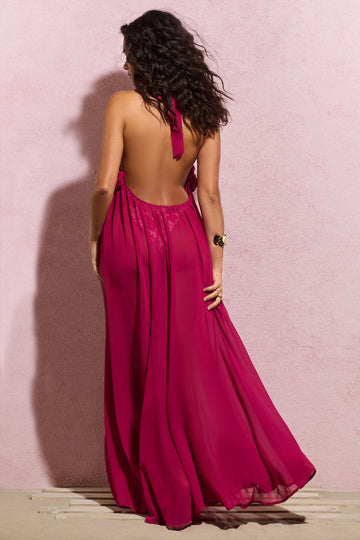 Naelya Dark Pink Chiffon Halter-Neck Maxi Dress With Corsages